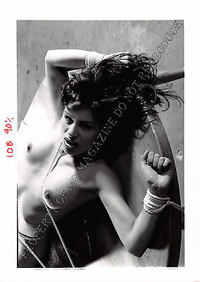 Adult 1990s B&W Photo 5x7 Bondage Beautiful Brunette Tied Down to Table 391MW