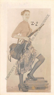Adult B&W Photo 1940s/50s 2.5x4 Beautiful Brunette Clothed Seductive Pose 276MG