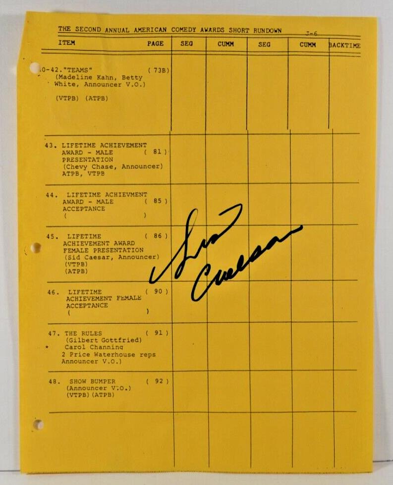 Sid Caesar Autographed 8.5"x11" Comedy Awards Rundown Sheet w/COA WWE6-65