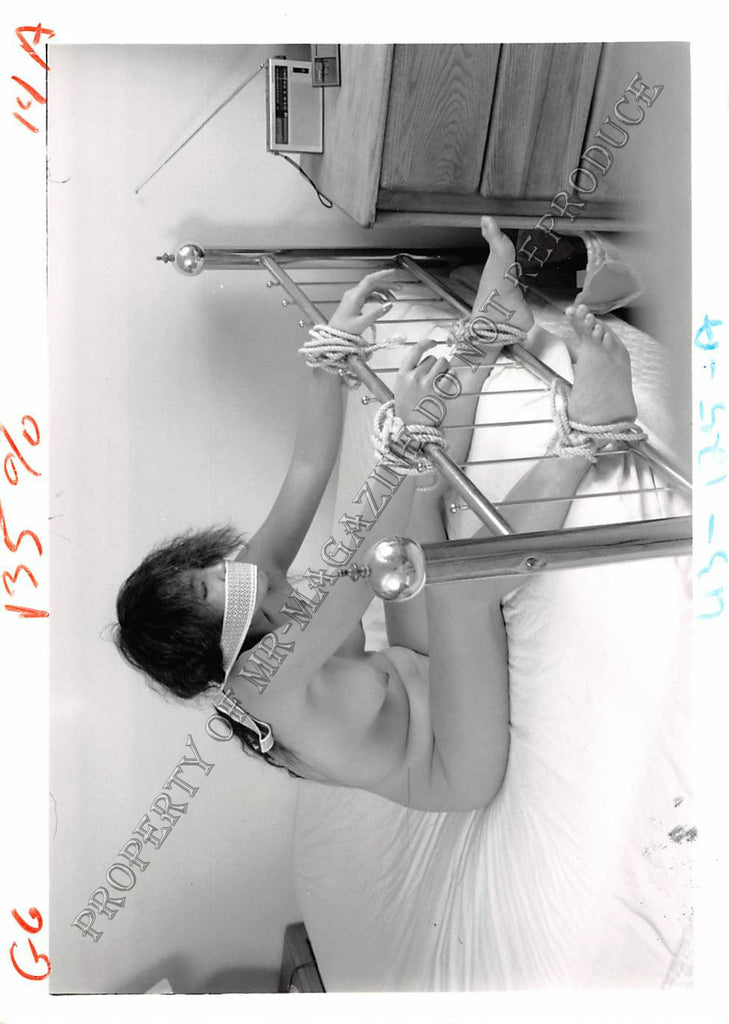 Adult Photo 1990s B&W 5x7 Bondage Asian Oriental Tied Up to Bed 57EC