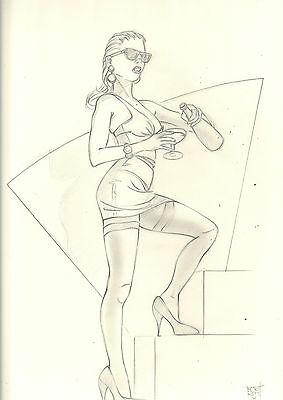 19x14" Borenstein '98 Female on Stares in tiny Dress Drinking Drawing