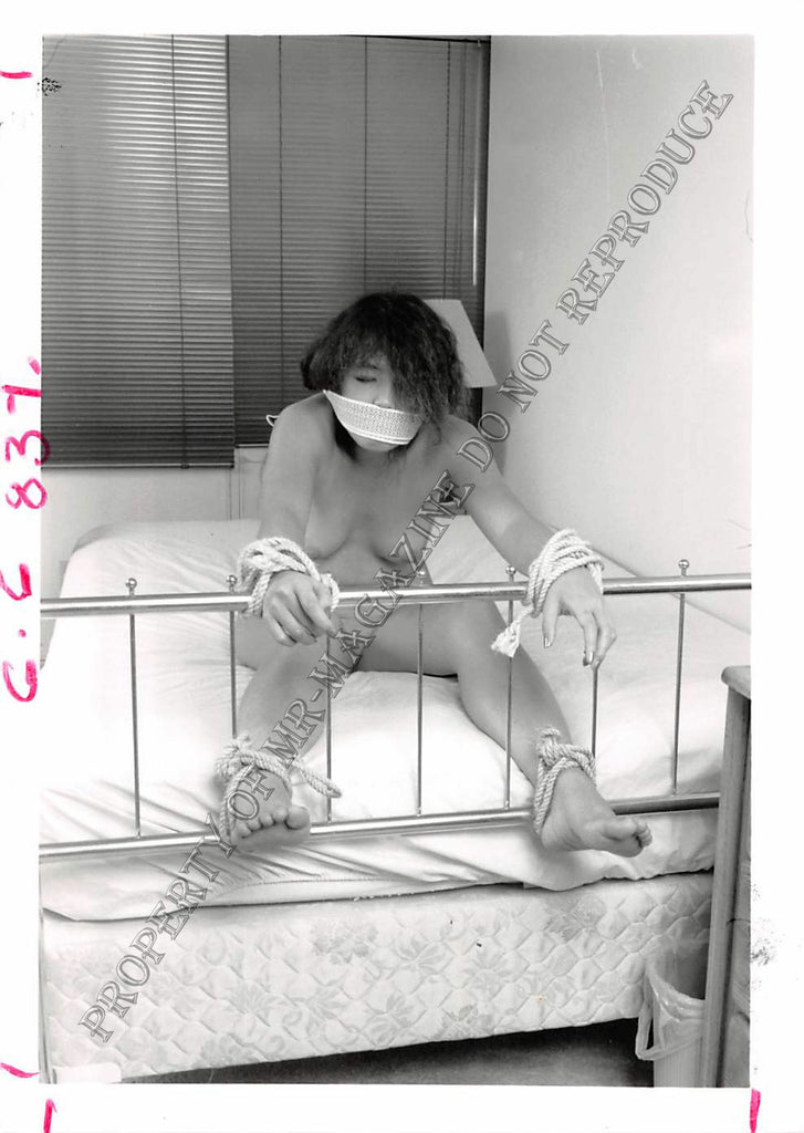 Adult Photo 1990s B&W 5x7 Bondage Asian Oriental Tied Up to Bed 54EC