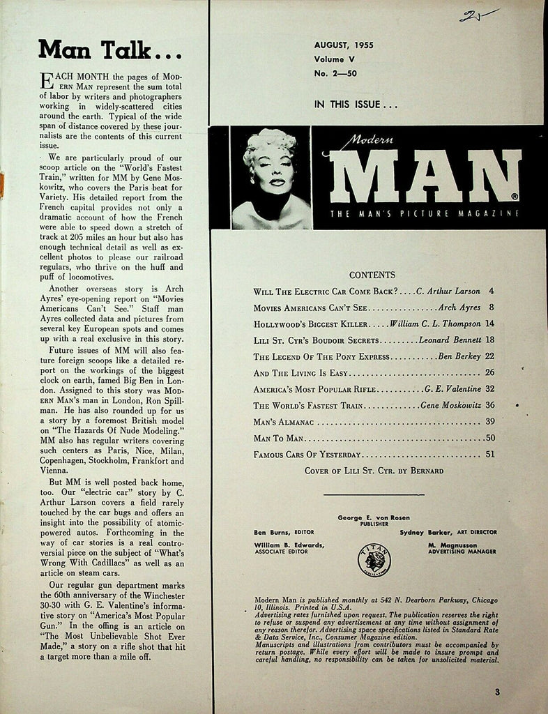 Modern Man Magazine Lili St. Cyr August 1955 Readers Copy 0522020lm-ep