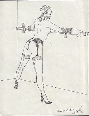 Adult Original Art,Bound at the bar Walk 1987 Bondage 11x8.5 040616DBL