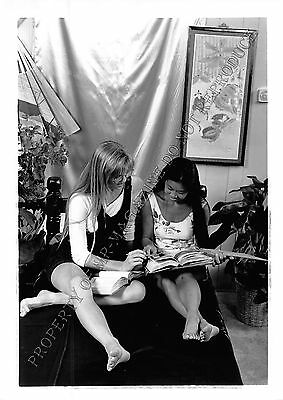 Adult Photo 1990s B&W 5x7 Lesbian Asian & Blonde Studying & Flirting3 92BQ