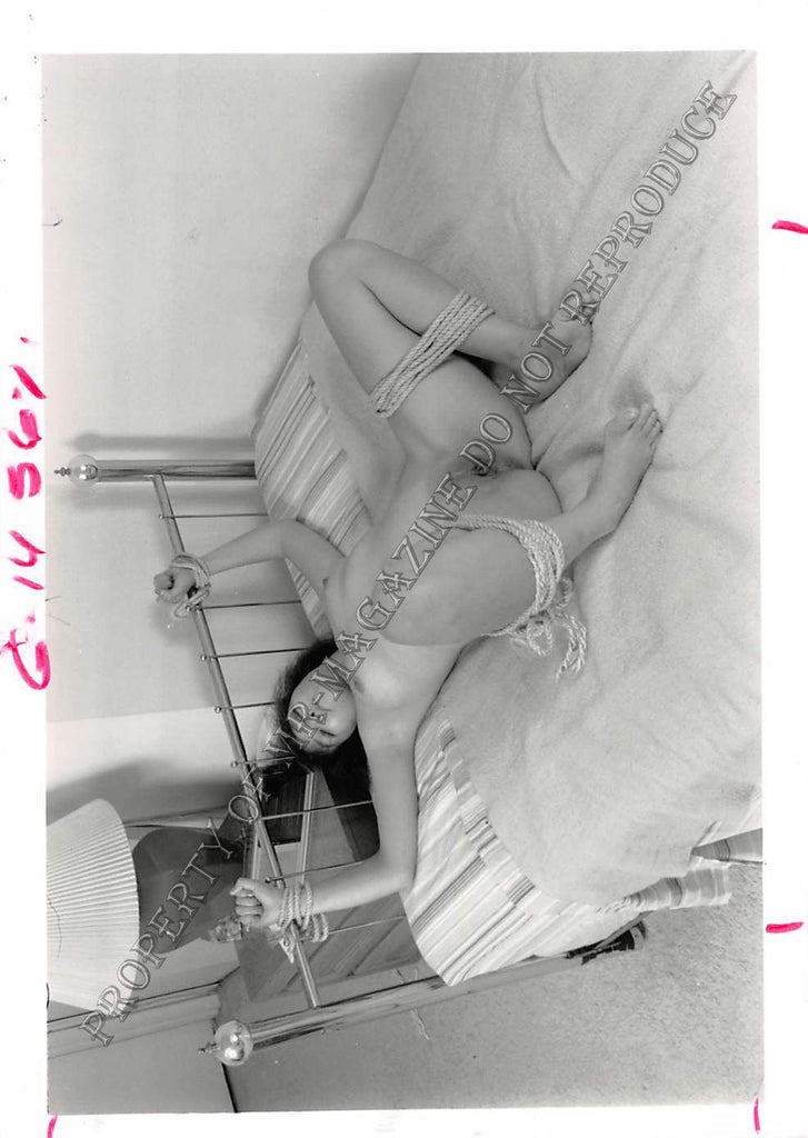 Adult Photo 1990s B&W 5x7 Bondage Asian Oriental Tied Up on Bed 67EC