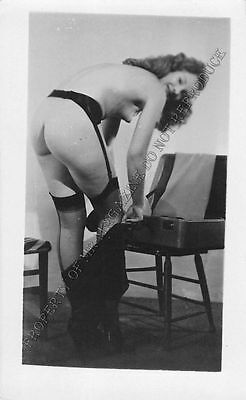 Adult B&W Photo 1940s/50s 2.5x4 Beautiful Brunette Undressing Vintage 118MF