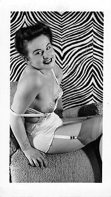 Adult B&W Photo 1940s/50s 2.5x4 Beautiful Brunette Seductive in Lingerie 131MH