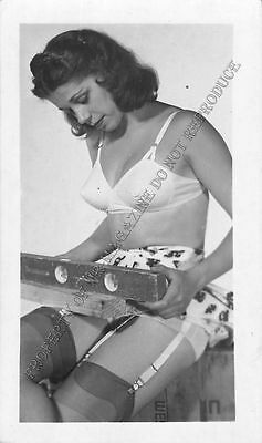 Adult B&W Photo 1940s/50s 2.5x4" Beautiful Brunette Posing in Sexy Lingerie 27MF