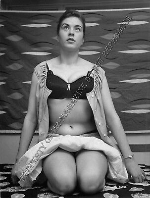 1950s Pin-Up B&W Risque Photo 8.5"x6.5" Brunette in Lingerie Posing Sexy 19FB